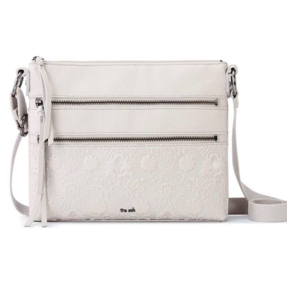 The Sak White Reseda Leather Floral Embossed Boho Crossbody Medium Bag Purse